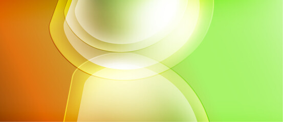 Abstract design features overlapping curved shapes. Colors include orange, yellow, green, white. Smooth gradients create luminous effect.