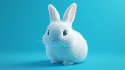 Fototapeta premium White bunny looking at camera on blue backdrop for graphic design, Easter, or springtime marketing concepts