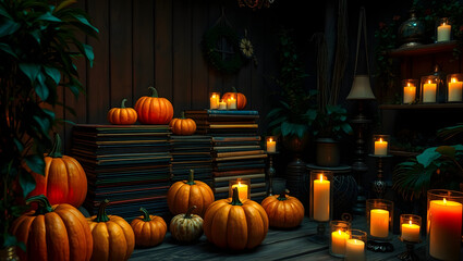 Obraz premium Pumpkins and Candles in Cozy Autumn Decor