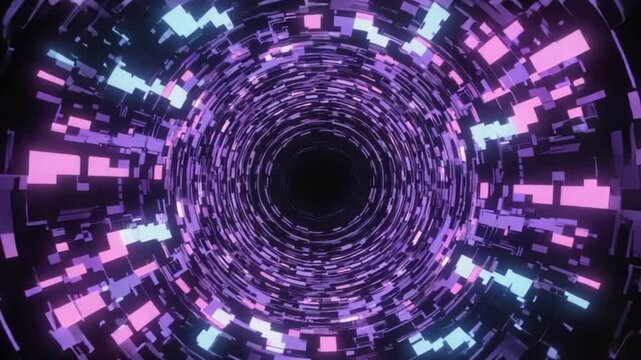 Abstract digital tunnel with vibrant purple and pink patterns, creating a sense of depth and motion