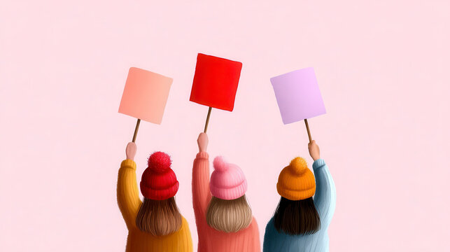Illustration of women holding signs advocating for eq. Artwork of female individual displaying placard championing fairness promoting parity demanding justice supporting liberation