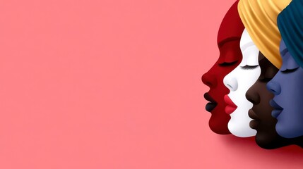 International womens day poster. Profile faces of dif. Global female celebration placard. side visages of varied womanhood. equality concept empowerment theme sisterhood portrait