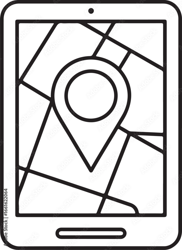 Poster modern tablet displaying gps navigation map with location pin icon simple outline art