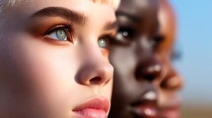 three women of different ethnicities standing side by. Diverse female group various origins shoulder to shoulder united friendship sisterhood solidarity empowerment portrait