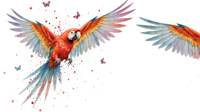 Colorful parrot flying with wings spread wide, isolated on white. Ultra-Realistic, Photo Realistic, highly detailed, Vector Illustration