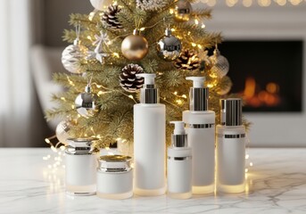 Skincare Holiday Gift Set Display with Christmas Tree