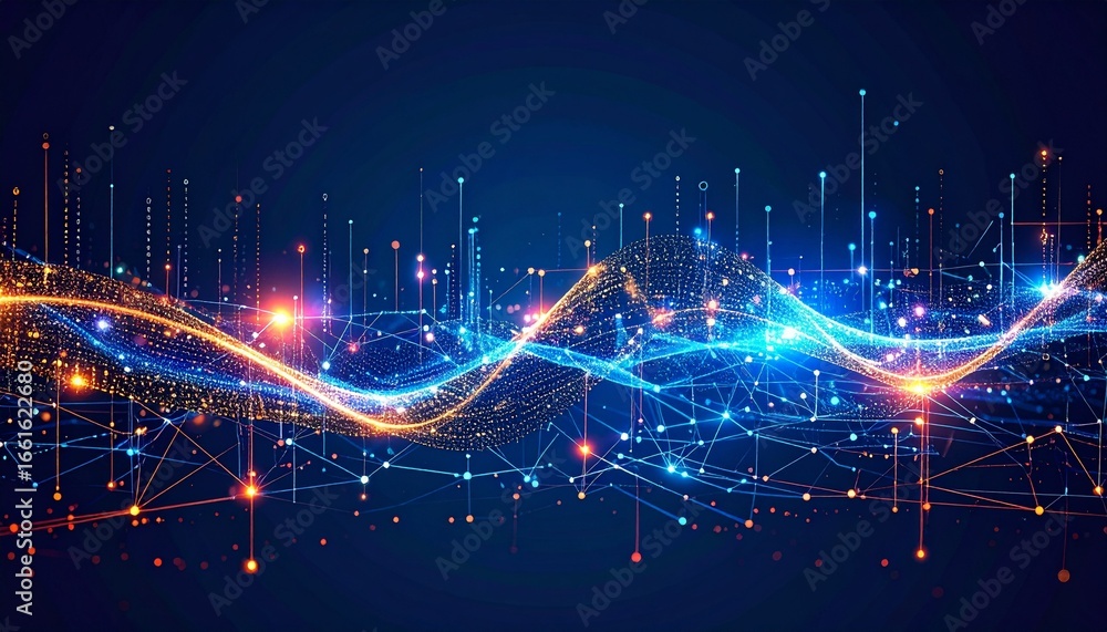 Poster vibrant abstract visualization of a digital wave with glowing particles and interconnected nodes rep