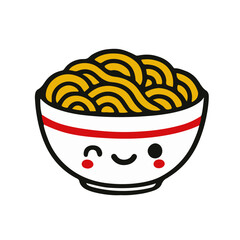 Adorable kawaii noodle vector in a white bowl with a expressions face. Perfect for Japanese food design, kids menu, restaurant branding, and cute cartoon artwork.