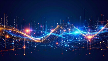 Vibrant abstract visualization of a digital wave with glowing particles and interconnected nodes representing big data and network communication technology
