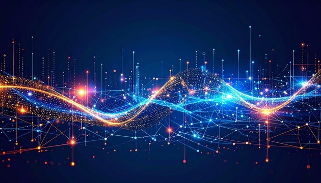 Vibrant abstract visualization of a digital wave with glowing particles and interconnected nodes representing big data and network communication technology