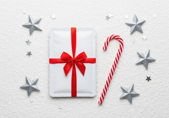 White Gift Box with Red Ribbon, Candy Cane & Stars
