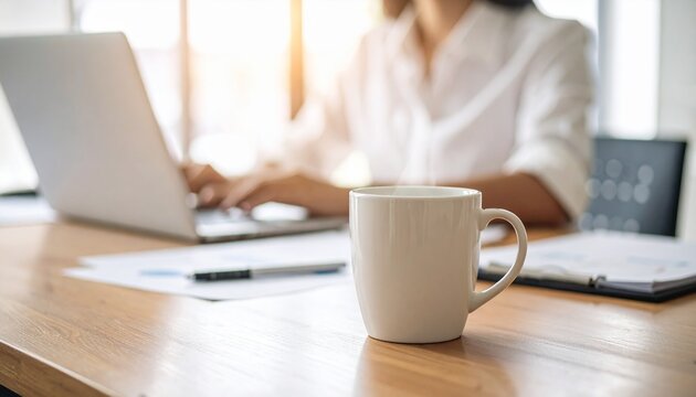 Professional businesswoman working on a laptop at a modern sunlit office desk with a fresh cup of coffee in the foreground