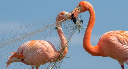 Nylon fishing net wrapped around a flamingo's neck and her mate is trying to save her., ultra-realistic, Generative AI. 