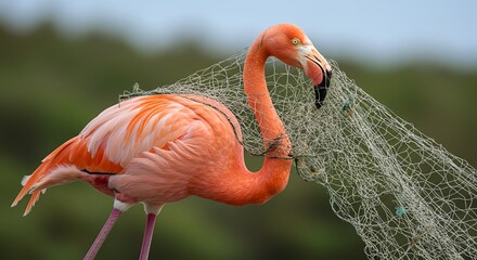 Fototapeta premium Nylon fishing net wrapped around a flamingo's neck and beak, ultra-realistic, Generative AI.