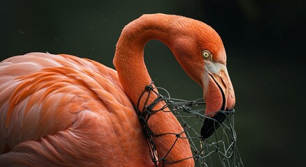 Nylon fishing net wrapped around a flamingo's neck and beak, ultra-realistic, Generative AI.