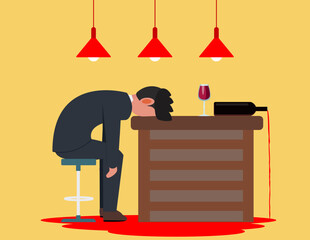 Alcohol addiction. Drunk businessman lying on a bar counter.