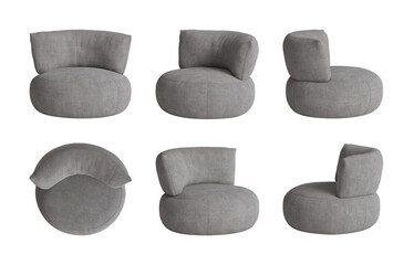 Set of six views of a contemporary round armchair with gray boucle cover isolated on a translucent background. Front view, top view, two sides, and two perspectives. 3d render