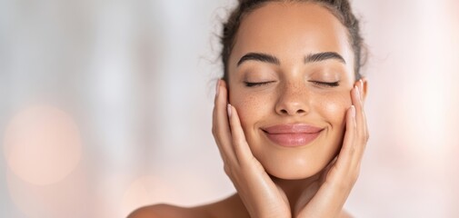 The woman enjoying a moment of blissful skincare routine with a radiant smile.