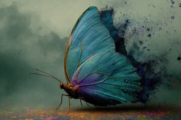 Obraz premium Blue butterfly abstract soft gradient natural eco blending wing powder artistic creative. vibrant blue butterfly with delicate wings appears to dissolve into colorful powder evoking sense