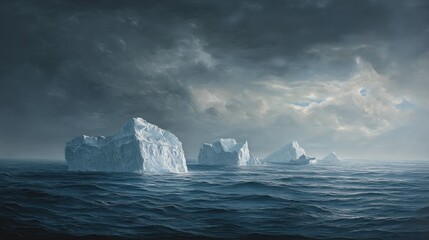 Towering icebergs drift across the vast, dark ocean. Rough waves ripple under a stormy sky with dramatic clouds. Cold, desolate Arctic scene.