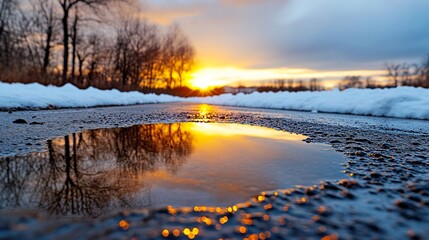 Fototapeta premium Reflection in sunset puddle. Close-up of the reflection in a puddle on an asphalt road at sunset. 