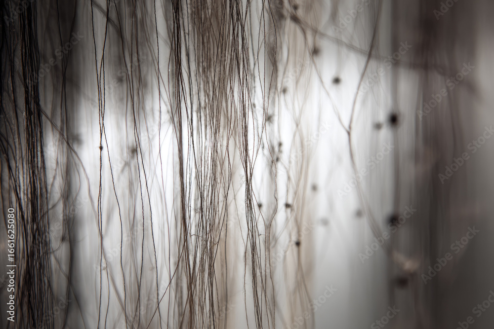 Poster delicate fabric threads hanging vertically, creating calm and surreal composition with eco friendly 