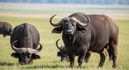 Obraz premium A herd of powerful African buffalo, including a dominant bull, stands in a vast green savanna under a bright sky.
