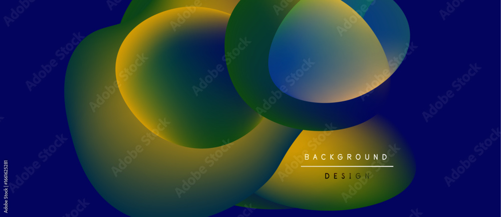 Poster abstract shapes blend, creating vibrant color gradients. blue background emphasizes flowing forms, m