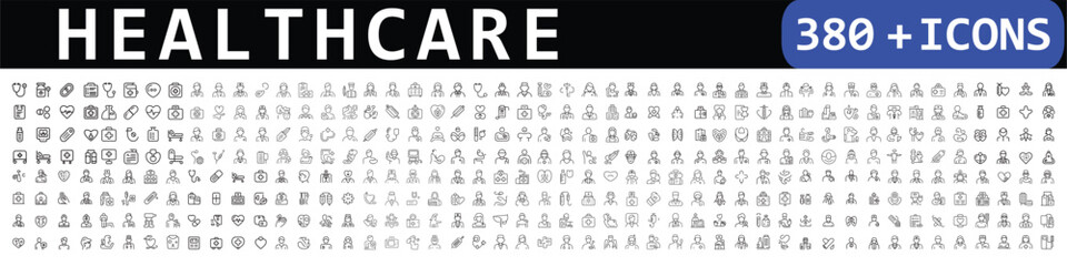 Healthcare line icon set. Medicine, medical service, health, care, doctor, hospital, patient, treatment, sick, illness and more. Outline icon in linear style.  © Mofazzelh