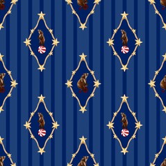 Seamless pattern of bear Illustration of a circus riding a red tricycle, play ball, Cute, vintage fabric pattern hand drawn gold stars on blue background