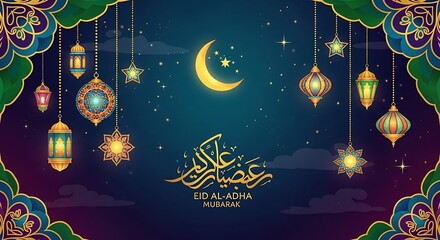 Festive Eid Al-Adha Mubarak Illustration with Lanterns, Crescent Moon and Stars