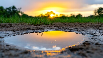 Reflection in sunset puddle. Close-up of the reflection in a puddle on an asphalt road at sunset. 