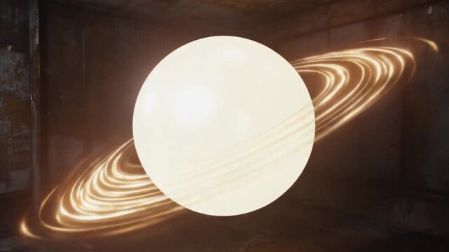 A glowing celestial body with rings illuminated in a dark, industrial setting, suggesting cosmic themes