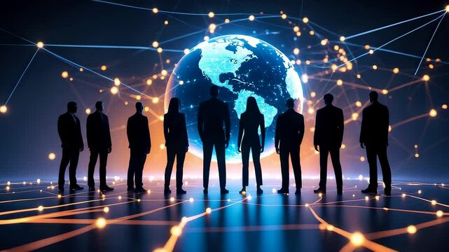 Silhouetted people standing around a glowing digital globe connected by illuminated network lines