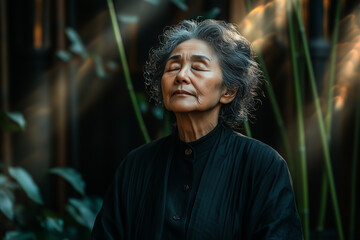 An older woman sitting in a relaxed position, her eyes closed, her expression calm, and the soft golden light of the sunset through the plants. Dressed in a black dress.