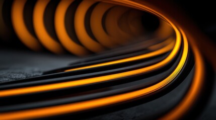 Abstract view of glowing orange cables winding through a dark tunnel, creating a dynamic visual