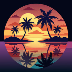 Tropical Paradise Sunset Silhouette: Palm trees stand tall against a vibrant sunset, reflecting on the calm water. It's a beautiful scene of serenity.