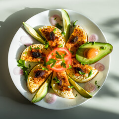 Overhead Shot of Vegetarian Crumpets with Italian Pesto, Avocado, Shallots, Tomato and Black Olives