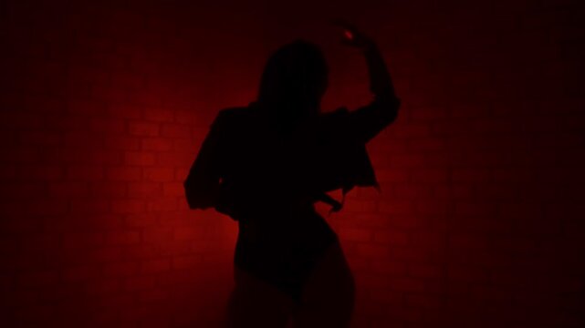 Sensual silhouette of a woman in heels and leather jacket posing in red neon light, slow camera movement revealing seductive body language