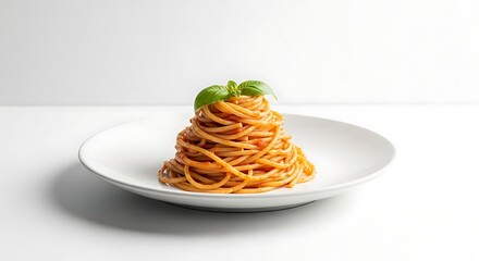 A pristine presentation of spaghetti with tomato sauce and fresh basil on white plate.