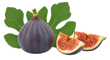 Isolated Fig with Leaves and Slices