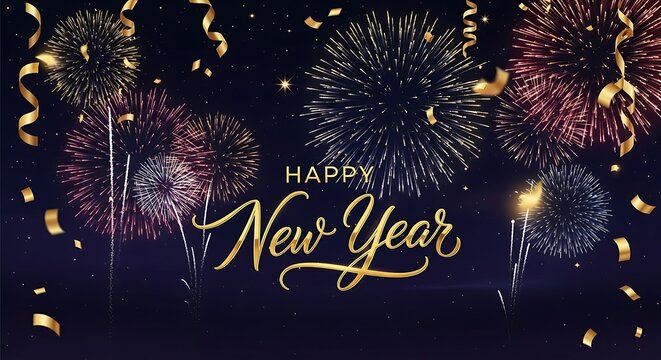 Festive New Year Celebration with Fireworks, Gold Confetti, and Elegant Script - Powered by Adobe