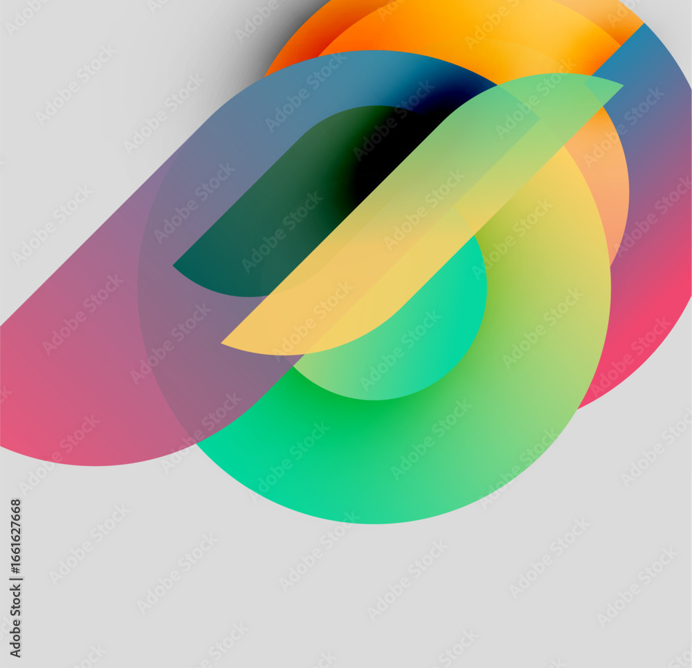 Poster abstract colorful layers overlap, creating dynamic visual effect. smooth gradients blend hues, formi