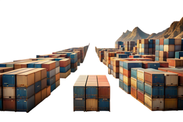 Surreal Vast Desert Landscape Divided by Towering Walls of Shipping Containers Symbolizing Global on white background ,PNG.AI Generated.