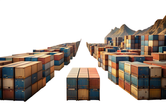 Surreal Vast Desert Landscape Divided by Towering Walls of Shipping Containers Symbolizing Global on white background ,PNG.AI Generated.