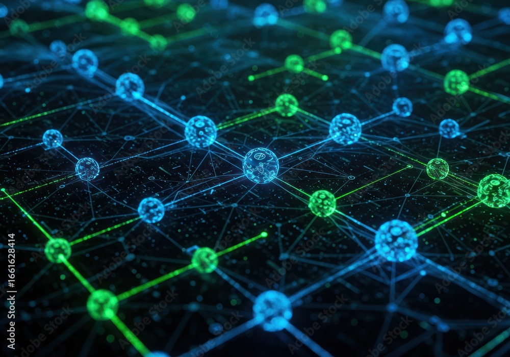 Poster digital network visualization with glowing nodes in blue and green on dark background