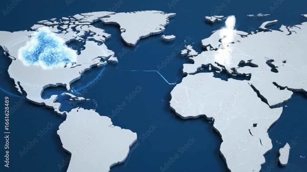 Poster a digitally rendered world map illustrates global data transfer and cloud computing infrastructure c