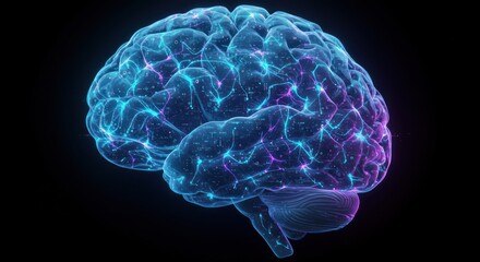 Digital Neural Brain Illustration with Glowing Connections in Dark Background