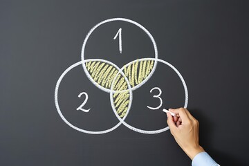 Hand drawing a three circle venn diagram with numbers one two and three and shaded overlapping sections on a dark chalkboard for illustrating concepts of sets and logic
