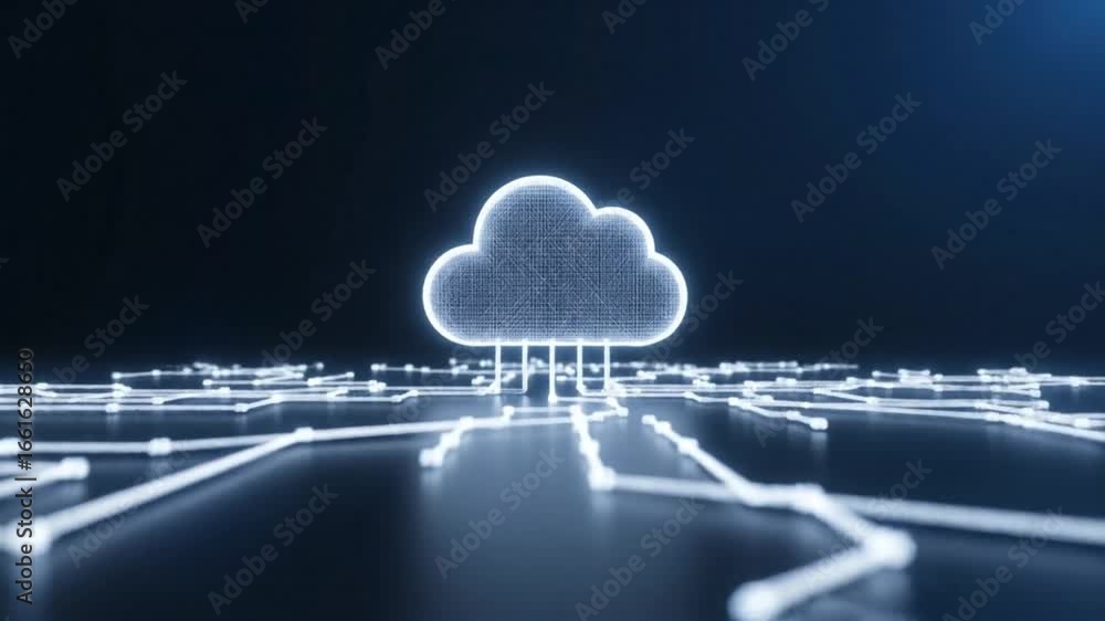 Poster a glowing digital cloud symbol with interconnected data lines illustrates modern cloud computing inf